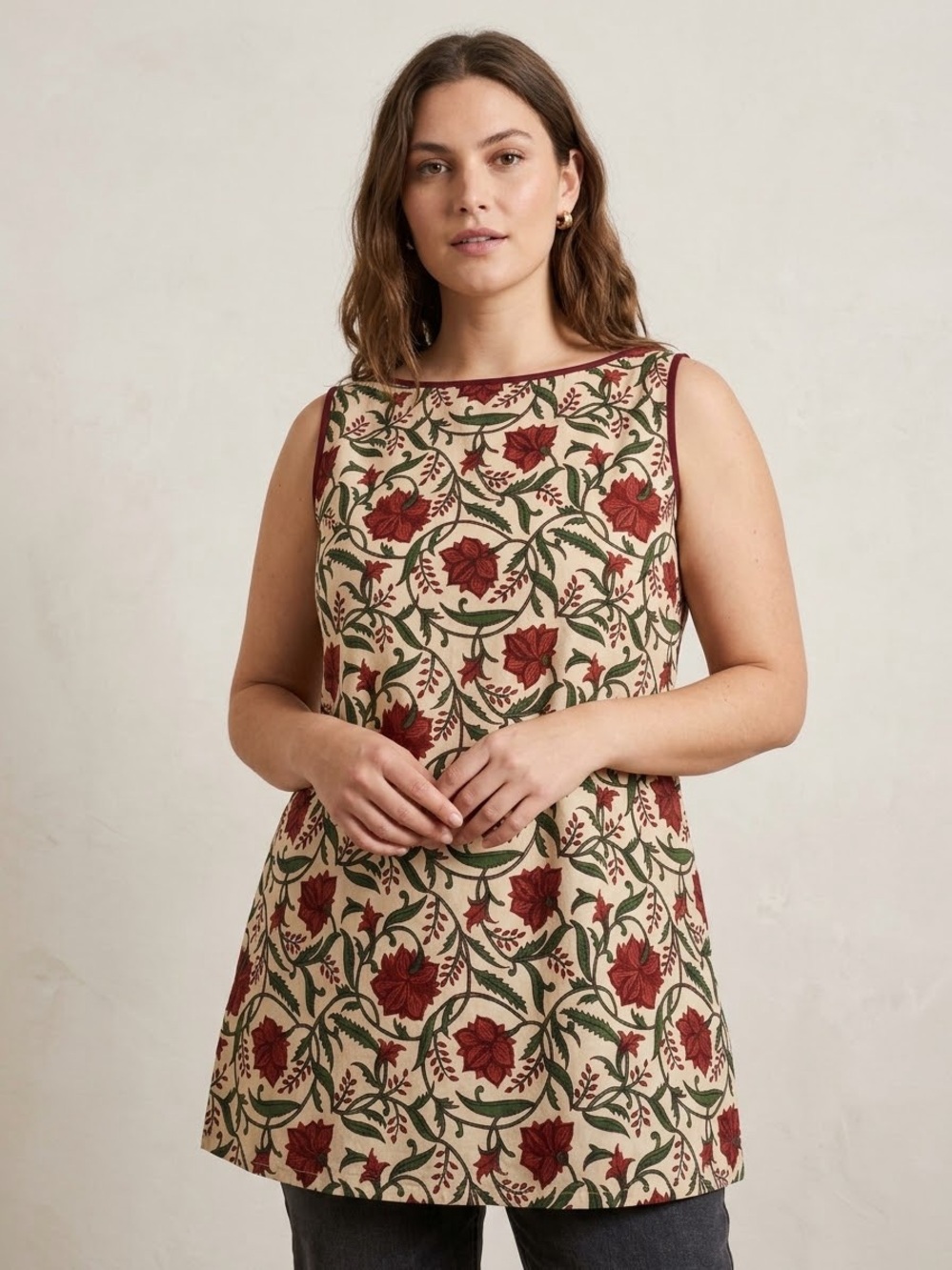 Womens Tunic Top Large Maroon Red Floral Vine Paisley Indian Style Sleeveless